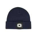 A front view of a navy torch beanie hat on a white background