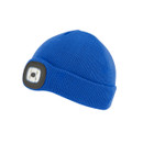A front view of a blue torch beanie hat on a white background