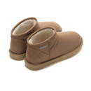 Rear three-quarter view of tan suede ankle boots showing soft fleece lining, stitched suede uppers and tan rubber soles.