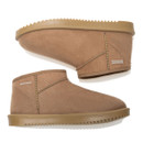 Pair of tan suede ankle boots arranged diagonally, showing stitched uppers and low-profile tan rubber soles.