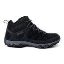 Side profile of a black walking shoe with mesh ventilation panels, lace-up fastening and a flexible grey and black grip sole.