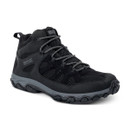 Black mid-height walking shoe with breathable mesh panels, grey patterned laces, reinforced toe and rugged grey outsole on a white background.