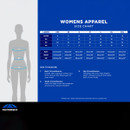 Weatherbeeta womens apparel size chart showing international size conversions (AU/NZ, UK, EU, US) from XXS to XXL with bust, waist and hip measurements in centimetres and inches, plus measuring guide diagram.