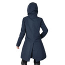 Women’s longline waterproof riding coat in navy with hood up and tailored back vent.
