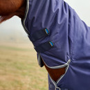 Close-up of a horse wearing a blue blanket with gray trim and adjustable straps. The background is a blurred grassy field under a foggy sky.