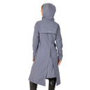 Back view of steel blue longline riding jacket with hood up