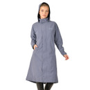 Front view of women’s longline riding jacket in steel blue with hood up