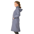 Side profile of women’s waterproof longline riding jacket in steel blue