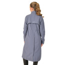 Back view of women’s longline waterproof riding coat in steel blue