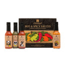 Edinburgh Preserves Hot and Spicy Sauces gift set with four bottles including Cajun, Jalapeño, Indian Naga and Barbados hot sauces.