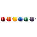 A straight-on view of six Le Creuset Coupe Mugs in rainbow colours, lined up side by side.