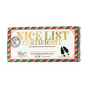 Christmas Nice List Certificate chocolate bar wrapped in novelty packaging with gold lettering, Santa’s signature, reindeer hoof print and red-green striped border.