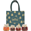 Mrs Bridges jute bag gift set with four jars including Seville Orange Marmalade, Sweet Onion Relish, Chilli Jam, and Scottish Strawberry Preserve.