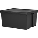 Black plastic storage bin with a flat lid, featuring a minimalist design and sturdy build. Ideal for organizing or storing various items.