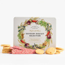 Cartwright & Butler Savoury Biscuit Selection in decorative tin with cheddar & chilli shortbreads, beetroot flatbreads, and parmesan & cheddar shortbreads, displayed in front.