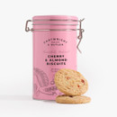 Cartwright & Butler Cherry & Almond Biscuits 200g in a decorative pink tin with biscuits placed in front.