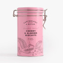 Cartwright & Butler Cherry & Almond Biscuits 200g in elegant pink clip-top tin with illustrated bakewell design.