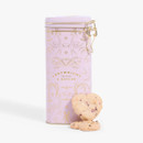 Cartwright & Butler pastel pink tin with gold decoration containing luxury heart-shaped biscuits.