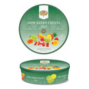 New Berry Fruits assorted fruit jellies in a round green gift tin, featuring colourful fruit illustrations on the packaging.