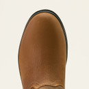Close-up of a brown leather boot toe with a smooth texture and black trim. The stitching is visible near the bottom, set against a light beige background.
