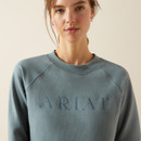 A woman wearing a light blue sweatshirt embossed with "ARIAT." The background is a soft beige, and her expression is calm and neutral.
