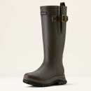 A tall, brown rubber boot with a buckle strap, textured sole, and a logo near the top, set against a neutral background. Sturdy and practical design.