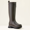 A single brown rubber boot with a rugged black sole on a light background. The boot, marked "Ariat," stands upright, conveying durability and practicality.