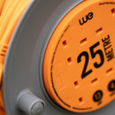 Detailed view of socket panel on WE 25m extension cable reel with 13 amp rating