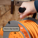 Close-up of non-slip winding handle on WE 25 metre cable reel extension lead