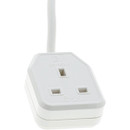 Close-up of white 13A single socket extension lead, BS1363A compliant, suitable for 240V UK appliances.