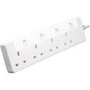 Angled view of a 4-socket white extension lead with individual socket shutters for safety.