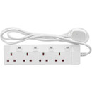 Overhead view of a 4-gang white extension lead with coiled cable and red power indicator switch.