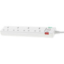 Side angle of white surge protected extension lead showing four sockets and built-in power switch.