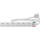 Overhead view of a 6-socket white extension lead with surge protection and power indicators, connected to a white mains cable.