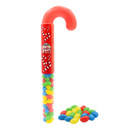 A view of a candy cane of jelly beans on a white background