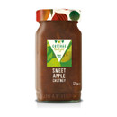 A jar of Cottage Delight Sweet Apple Chutney, 325g. The label is green with apple illustrations. The white lid features colourful abstract fruit designs.