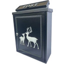 Black wall-mounted post box with embossed white stag and deer design, lockable front door and traditional style