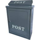 Grey wall-mounted post box with embossed white lettering, lockable front door and classic design