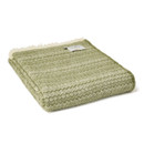A folded green wool blanket with a fair isle pattern and cream fringe.