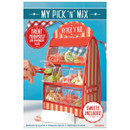 Red candy dispenser labelled "My Pick 'N' Mix" with clear bins holding colourful candies. A hand uses tongs to pick sweets. Blue and white decor.