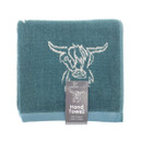 Country Club teal Highland cow cotton hand towel, 100% cotton made in Egypt