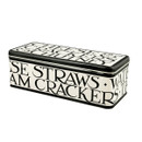 A view of a long rectangle Emma Bridgewater tin in black toast on a whote background