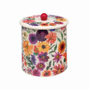 A view of a floral Emma Bridgewater biscuit barrel on a white background