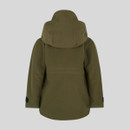 Back view of kids’ olive green hooded waterproof jacket showing a clean silhouette, protective hood and weather-ready construction.