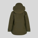 Back view of a kids’ olive green waterproof smock with a rounded hem, attached hood, long sleeves, and a clean, minimal outdoor design.