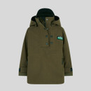 Kids’ olive green waterproof smock with hood, featuring a buttoned placket, long sleeves with adjustable cuffs, and a Ridgeline logo badge on the chest.