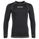 Black long-sleeve shirt with white "TuffStuff" logo on chest. Features prominent white stitching along seams, creating a sleek, sporty look.