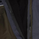 Close-up of a jacket with zips in blue, olive, and black. The layers suggest warmth and functionality, conveying a sense of practicality.