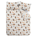 Flat-lay view of the Halloween duvet set with Highland cows in witch hats, pumpkins, bats, moons, and cobwebs printed across a white background.