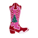 Product shot of the Christmas boot-shaped cushion on a white background, showing red heel and toe, pink upper with candy canes, and a green Christmas tree motif.